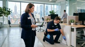 A modern commercial building manager inspecting a clean urban office space for pest prevention, professional pest control technician in uniform conducting a discreet inspection