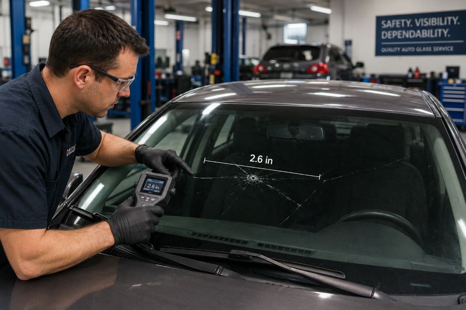 technician inspecting a cracked windshield with digital measurement tools