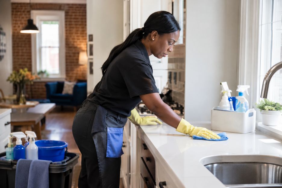 Focused Kitchen Counter Cleaning
